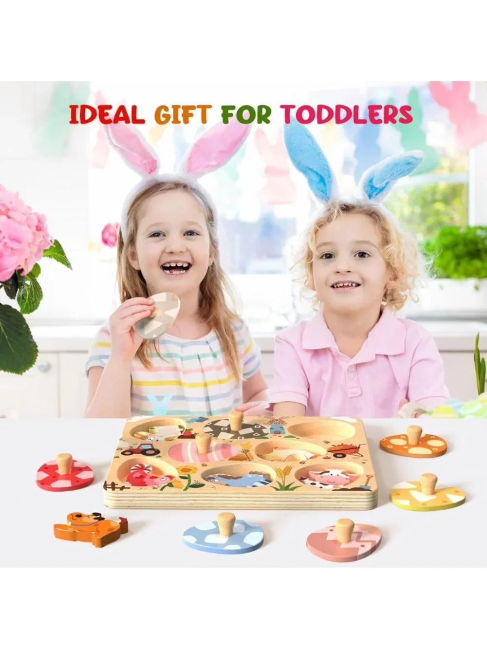 Easter Wooden Farm Animal Puzzles for Toddlers, 8-Pc Montessori Educational Toys